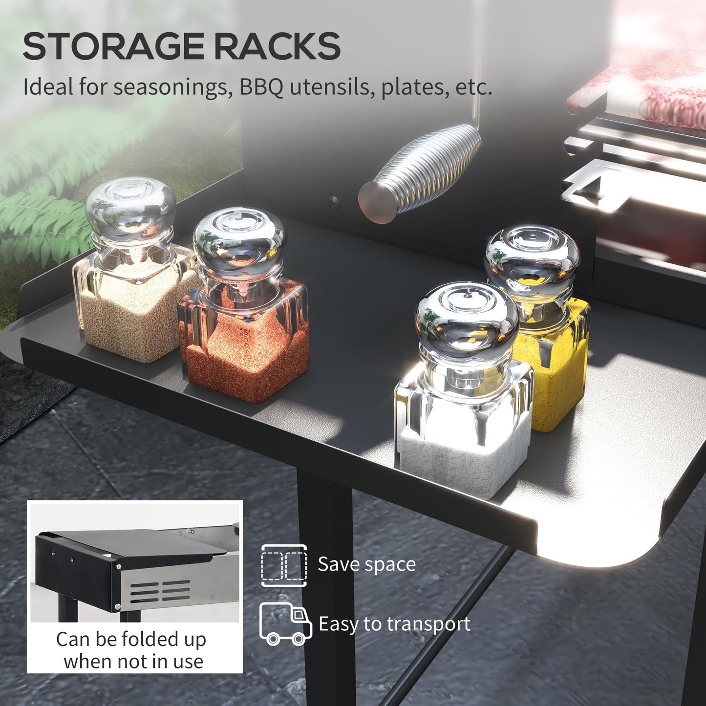 Outsunny BBQ Rotisserie Grill Roaster, Charcoal Split Roaster for Chicken or Turkey with 3-Level Grill Grate, Foldable Storage Shelves, and Wind Deflector, Stainless Steel, Black