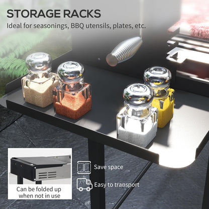 Outsunny BBQ Rotisserie Grill Roaster, Charcoal Split Roaster for Chicken or Turkey with 3-Level Grill Grate, Foldable Storage Shelves, and Wind Deflector, Stainless Steel, Black