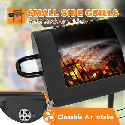 Flamaker Grill Outdoor Charcoal Grills with Side Oven & Thermometer Offset Smoker with Ash Catcher & Cover for Camping Picnics, BBQ, Hiking