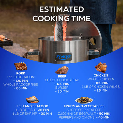 Universal 20-pound Stainless Steel (25-servings) Charcoal Barrel Smoker with Thermometer & Airlock system - 20.5"x 29.6" x ⌀15.5", 2 in 1 Vertical Grill and Smoker, Slow Cooking Barrel