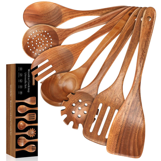 MULBOM 7 PCS Wooden Spoons for Cooking Natural Teak Kitchen Utensils Smooth Non-Stick Surface Cooking Utensils Set Soft Comfort-Grip Wooden Utensils for Cooking