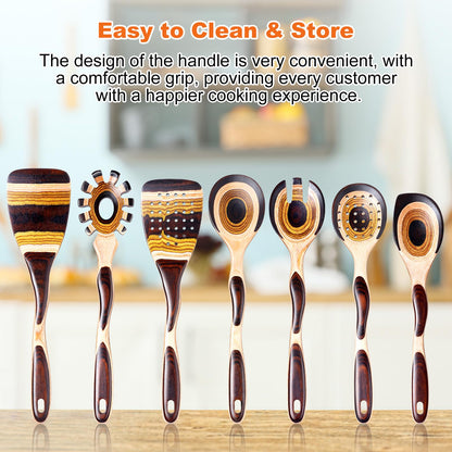 NAYAHOSE Kitchen Utensils Set for Cooking, 7 Pcs Pakkawood Wooden Cooking Spoons & Spatulas with Spoon Rest, Safe for Non-Stick Cookware, Housewarming Kitchen Gift (Brown Spoon-7pcs)
