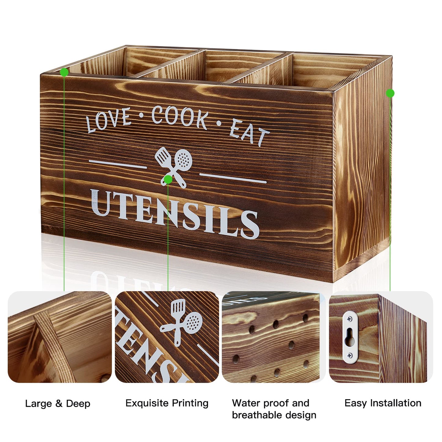 MINCORD Brown Utensil Holder Rustic Wood Utensil Caddy Crocks with 3 Compartments for Kitchen Counter, Farmhouse Flatware Organizer Storage Box for Silverware Fork Spoon Spatula