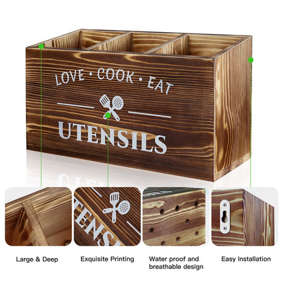 MINCORD Brown Utensil Holder Rustic Wood Utensil Caddy Crocks with 3 Compartments for Kitchen Counter, Farmhouse Flatware Organizer Storage Box for Silverware Fork Spoon Spatula