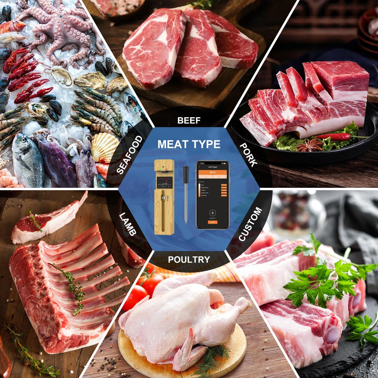 Wireless Meat Thermometer Bluetooth with Ceramics Probe for Grilling/Cooking Waterproof Digital Oven Food Thermometer with 600Ft Range Perfect for BBQ/Air Fryer Compatible with iOS & Android Smart App