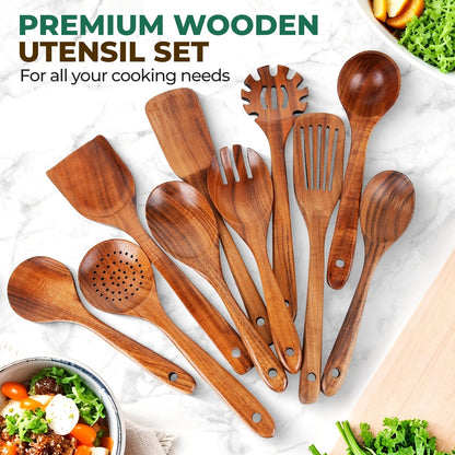 KAQISE 10PCS Wooden Utensils Set, Teak Wood Spoons&Spatulas,Kitchen Utensils for Nonstick Cookware-Spatula|Soup Ladle|Strainer Spoon|Pasta Fork,Heat Resistant Wooden Cooking Tools