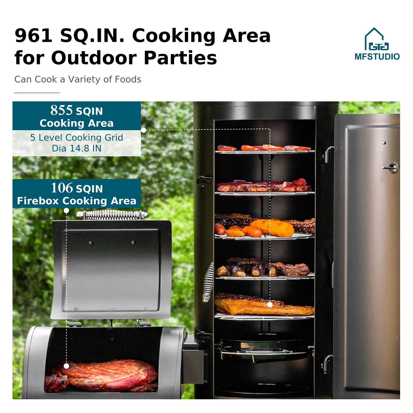 MFSTUDIO Vertical Offset Smoker Charcoal Grill,Extra Large BBQ Barrel Grills and Drum Smoker Combo with hanging racks and 5 removable grates for Smoking,ourdoor barbecue cooking,961 SQ.IN.Area