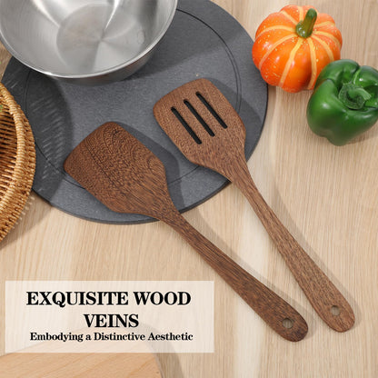 2Pcs Wooden Spatula for Cooking, 12'' Long Handle Nonstick Turner Acacia Natural Teak Wood Flat Spatulas Handmade Non Toxic Cooking Spurtle Utensils for Kitchen Gifts, Cooking Eggs, Fish, Pancakes