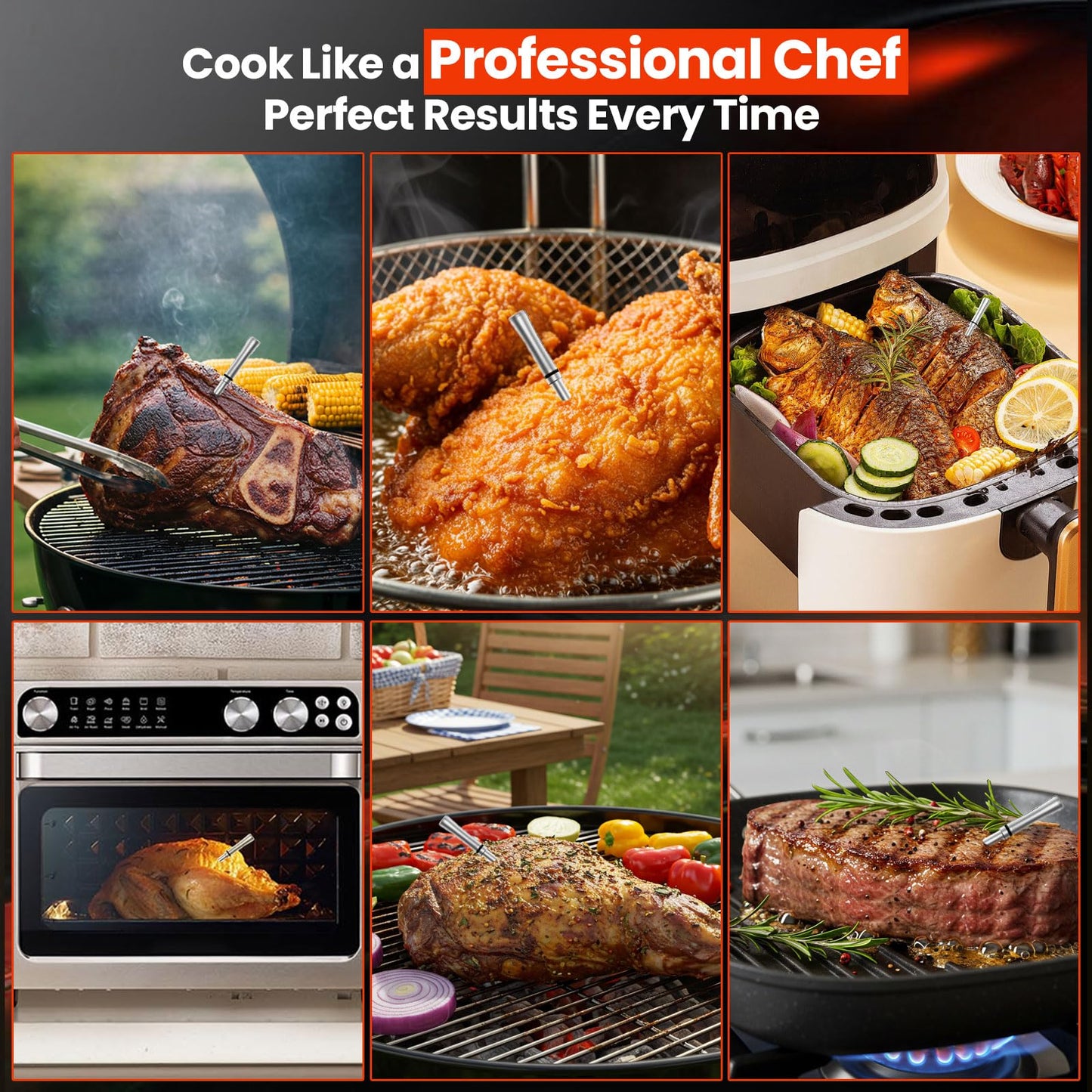 UNERVER Wireless Meat Thermometer with WiFi - Smart LED Digital Control Base, 6 Sensors Bluetooth Probe with ±0.5°F Instant Read Accuracy, App Controlled, Unlimited Range for BBQ,Smoker,Grill,Oven