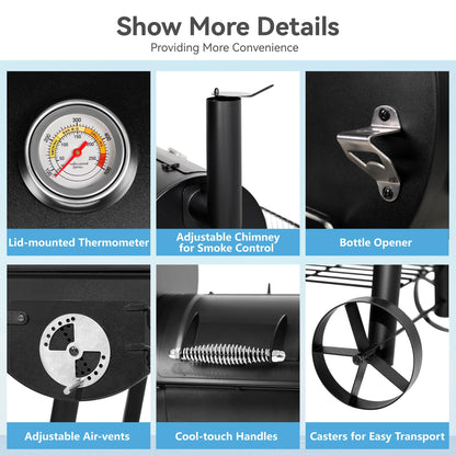 GREEN PARTY BBQ Charcoal Grill with Offset Smoker, 2 in 1 Smoker and Charcoal Grill combo, 512 Square Inch Space Barrel Charcoal Smoker Grill for Outdoor Camping Patio Backyard Cooking, Medium