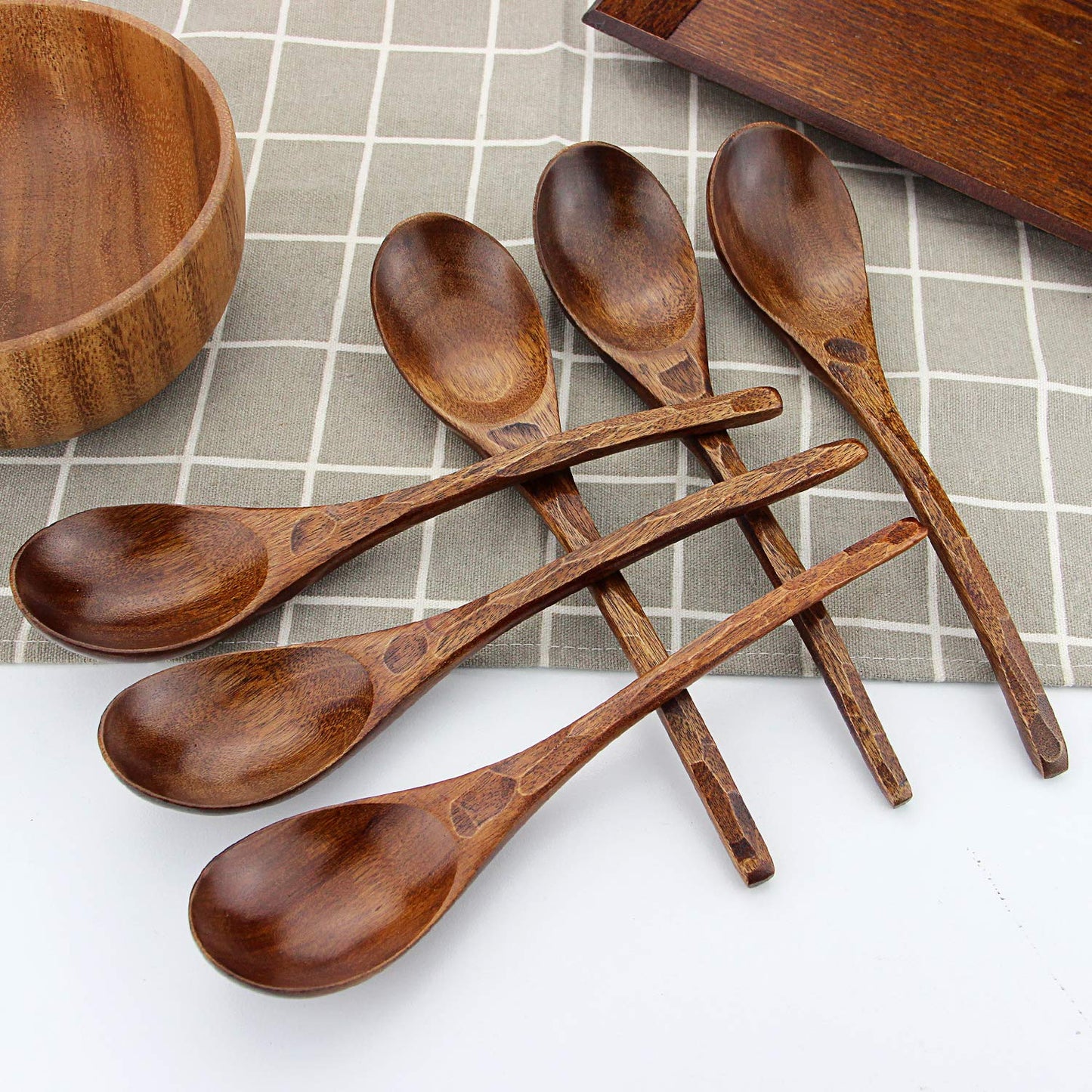 Soup Spoons,AOOSY Wooden Soup Spoons, 6 Pieces 7.84 inches Japanese Ramen Spoon Round Nanmu Wood Long Handle Rice Dessert Cooking Tasting Dinner Table Spoon for Kitchen Restaurant