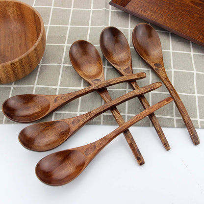 Soup Spoons,AOOSY Wooden Soup Spoons, 6 Pieces 7.84 inches Japanese Ramen Spoon Round Nanmu Wood Long Handle Rice Dessert Cooking Tasting Dinner Table Spoon for Kitchen Restaurant