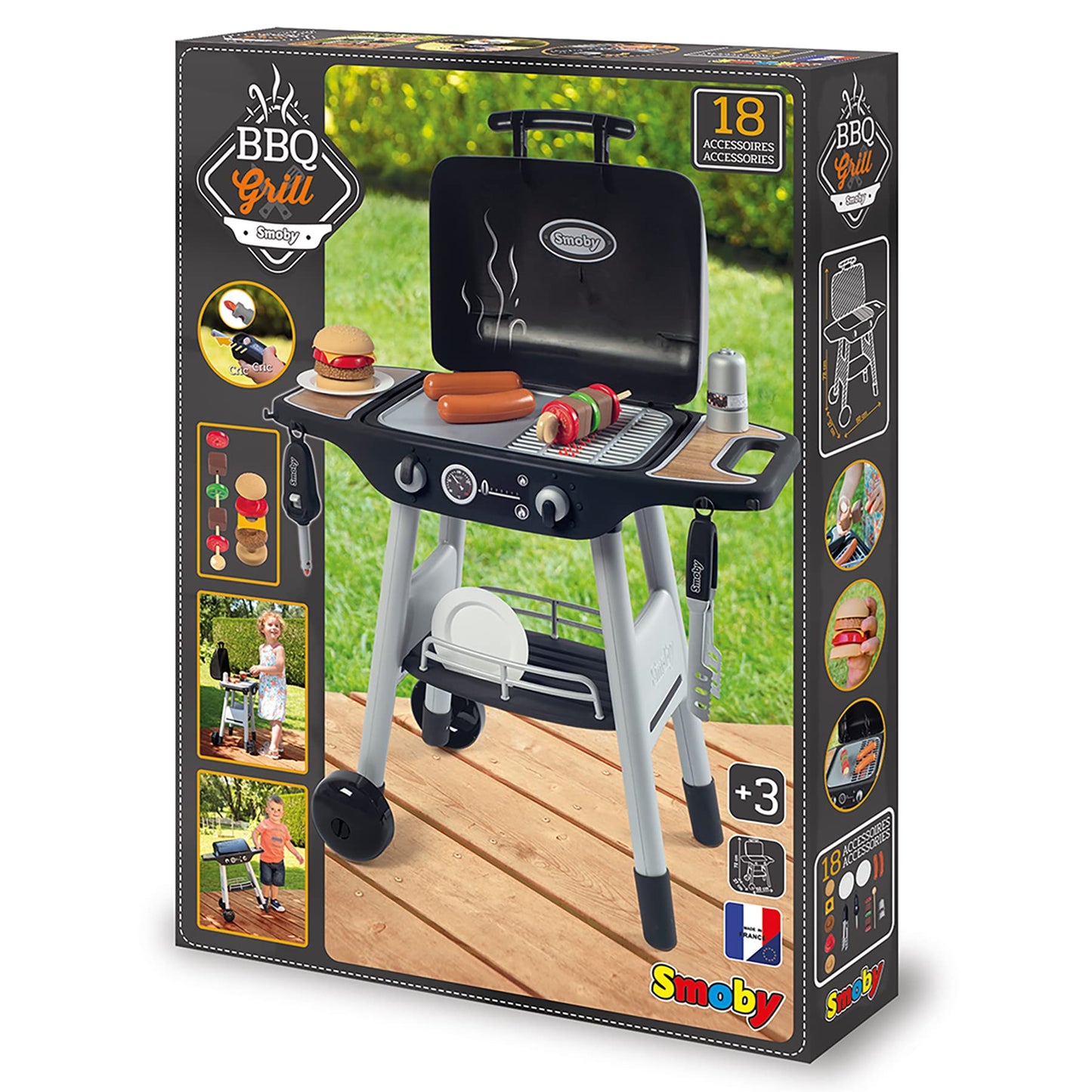 Smoby: BBQ Plancha Grill - Black, 18-Piece Accessory Playset - Realistic Cooking, Turn The Button & See Flames Appear, 19.69x14.57x28.43, Kids Age 3+