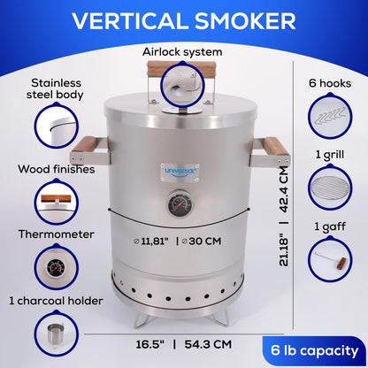 Universal (6-pound) Stainless Steel (Small) Charcoal Barrel Smoker with Thermometer & Airlock system - 16.5"x 21.18" x ⌀11.81", 2 in 1 Vertical Smoker - Grill and Smoker, 6-serving Slow Cooking Smoker