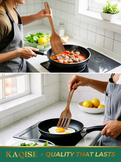 KAQISE Wooden Spatulas for Cooking, Teak Wood Kitchen Utensils Set, Natural Cooking Utensils Set, Flat Wooden Spatulas and Slotted Spatula Set (2Pcs)