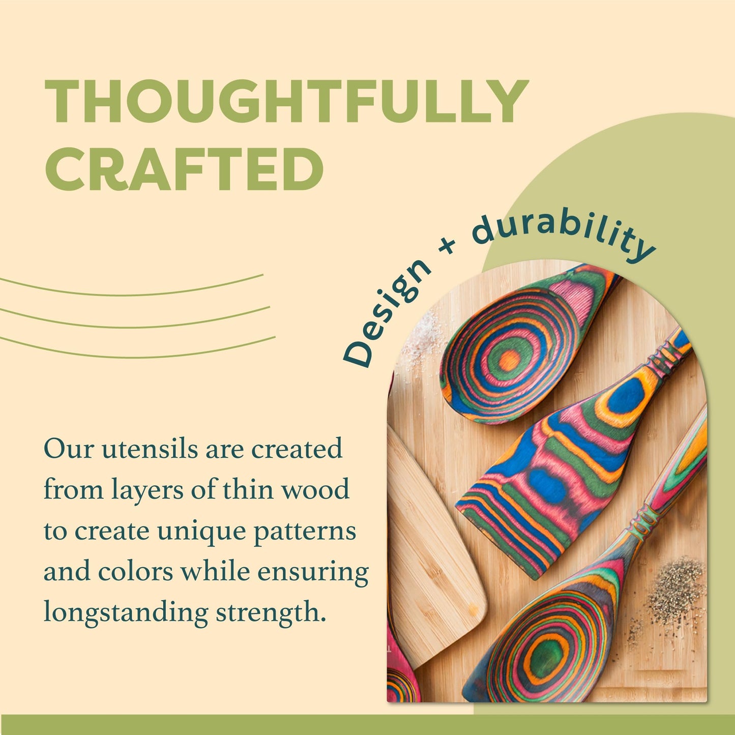 Exotic Pakkawood 6-Piece Kitchen Utensil Set with 12-in Spoon, 12-in Slotted Spoon, 12-in Spatula, 12-in Corner Spoon, 13-in Large Spurtle, 9-in Small Spurtle - by Crate Collective (Rainbow)