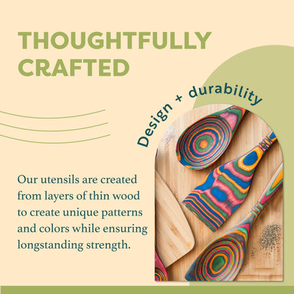 Exotic Pakkawood 6-Piece Kitchen Utensil Set with 12-in Spoon, 12-in Slotted Spoon, 12-in Spatula, 12-in Corner Spoon, 13-in Large Spurtle, 9-in Small Spurtle - by Crate Collective (Rainbow)