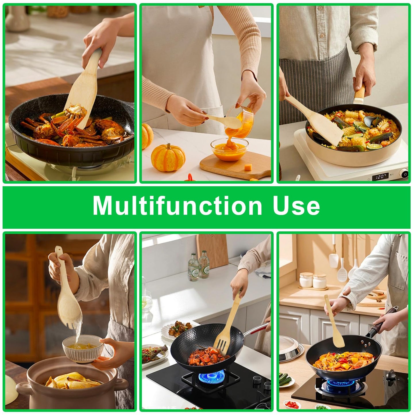 DEBETOOL Bamboo Cooking Utensil Set - Natural Bamboo Wooden Spoons for Cooking, 7piece Kitchen Non-Stick Wooden Spatula Spoons with Utensil Holder for Daily Use