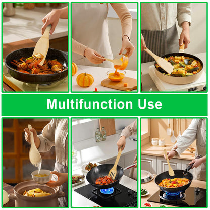 DEBETOOL Bamboo Cooking Utensil Set - Natural Bamboo Wooden Spoons for Cooking, 7piece Kitchen Non-Stick Wooden Spatula Spoons with Utensil Holder for Daily Use