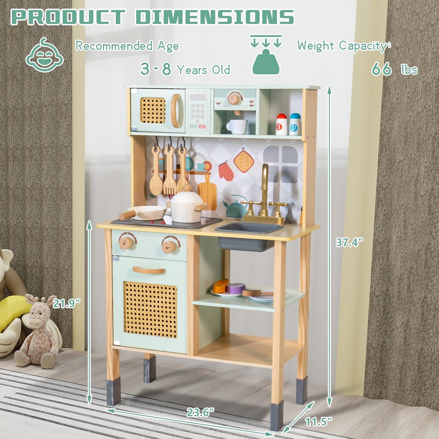 Garsing Play Kitchen for Kids Toddlers with Sounds, Wooden Kids Kitchen Playset with Realistic Features, Modern Toy Kitchen Sets with Storage and Accessories for Boys Girls, Age 3+, Green