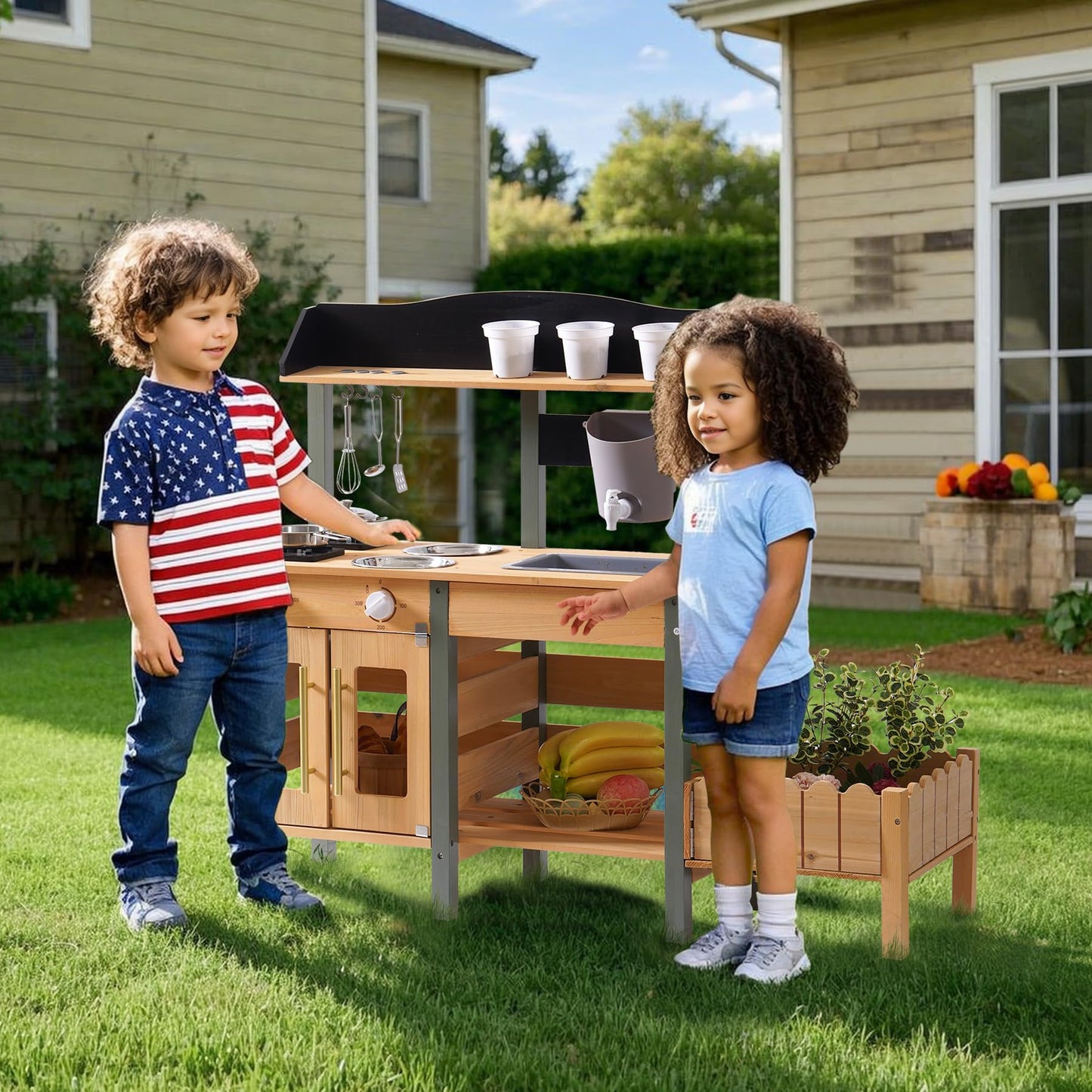 ROBOTIME Mud Kitchen for Kids Outdoor, Wood Outdoor Kitchen with Insect Observation Box & Planter Box, Toddler Play Kitchen with Removable Sink & Faucet, Pretend Outdoor Playset for Garden Fun