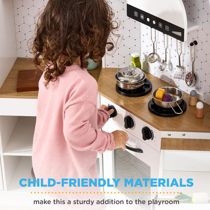 Best Choice Products Pretend Play Corner Kitchen, Ultimate Interactive Wooden Kids Playset w/Lights & Sounds, Ice Maker, Hood - Farmhouse White