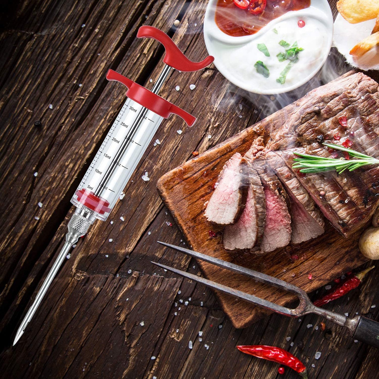 Plastic Meat Injector, Turkey Injector Syringe, Marinade Injector Turkey Injection Kit, Meat Injectors for Smoking, BBQ Grill Injector, Red 1oz (1 Injector 3 Needles)