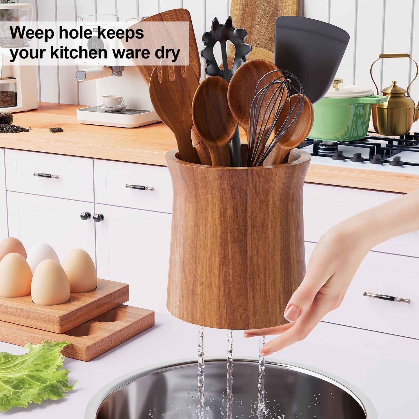 WBKATN Acacia Wood Utensil Holder for Kitchen Counter, 360° Rotating Wooden Large Cooking Utensils Holder for Countertop, Farmhouse Spoon Crock, Spatula Storage Organizer, Rustic Kitchen Decor