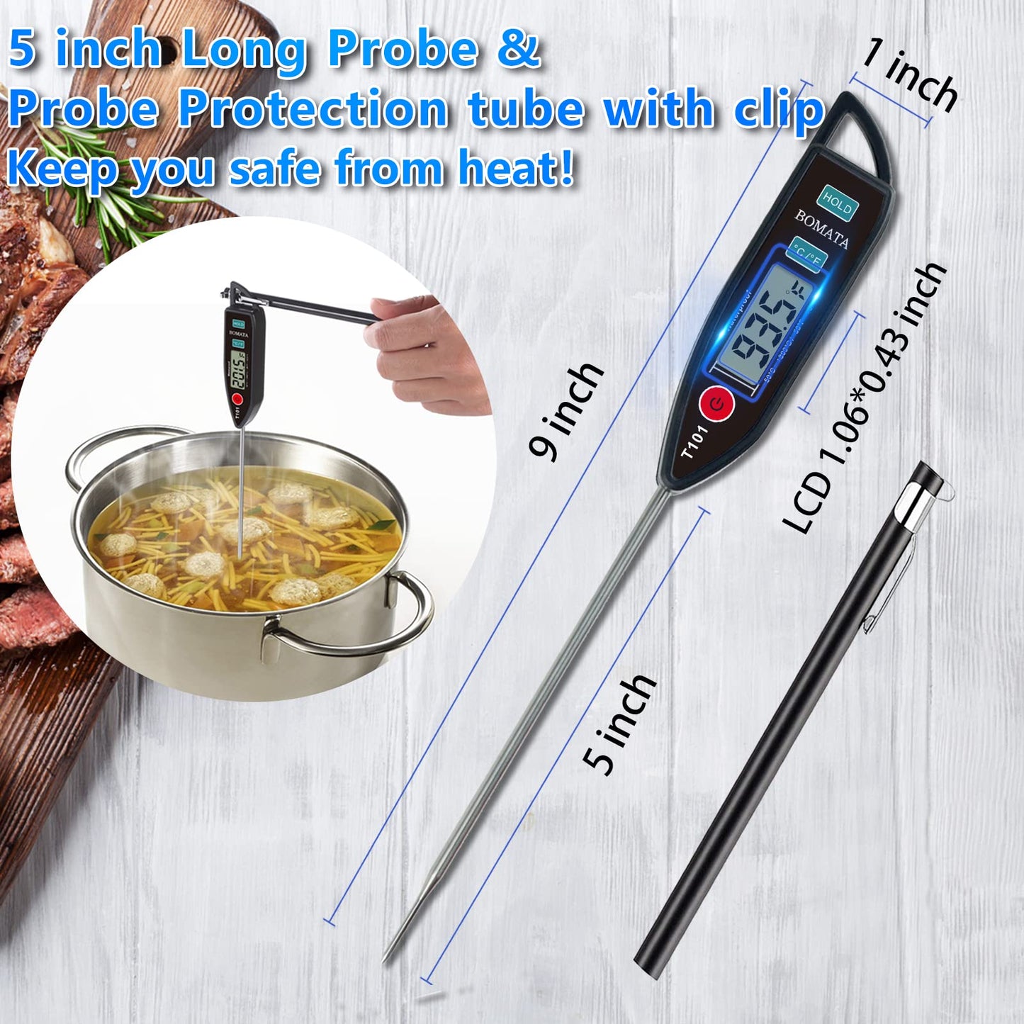 BOMATA Food Thermometer for Cooking, Water, Waterproof IPX7 Digital Thermometer with Long Probe for Bread Baking, Meat, Liquid, Candy.. T101 (Black Color)…