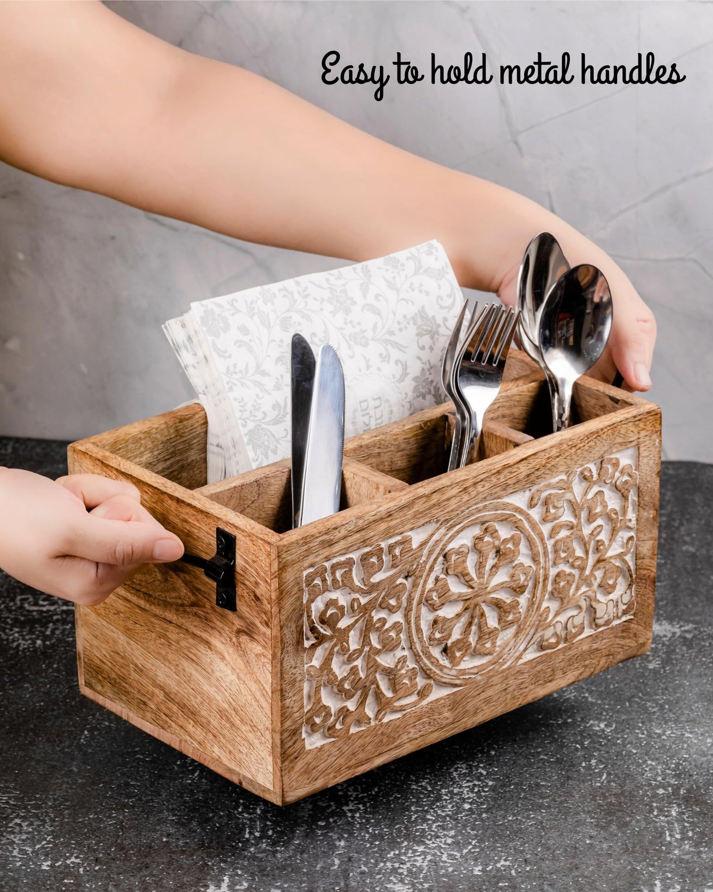 Mie Creations 4 Compartment Wooden Silverware Caddy Utensil Holder, Farmhouse Cutlery Flatware Organizer, Decorative Wood Caddy with Metal Handles for Kitchen Countertop, Picnic, Buffet Party- White