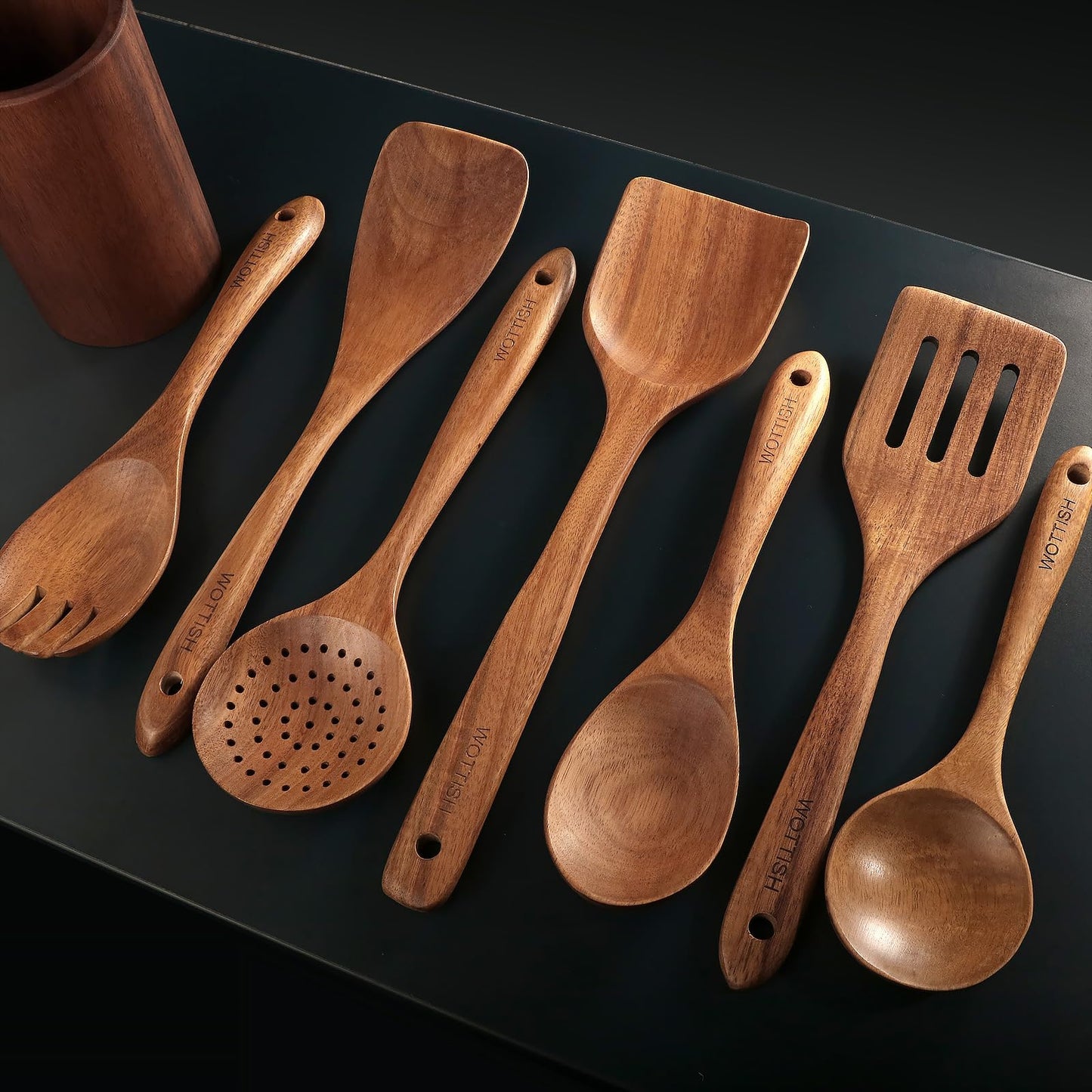 Wooden Spoons for Cooking - 8-Piece Wooden Kitchen Utensil Set made of Natural Solid Wood Material - Includes Spoons, Spatulas, Ladles, Strainer Spoon, Salad Fork, Mixing Spoon and Utensil Holder