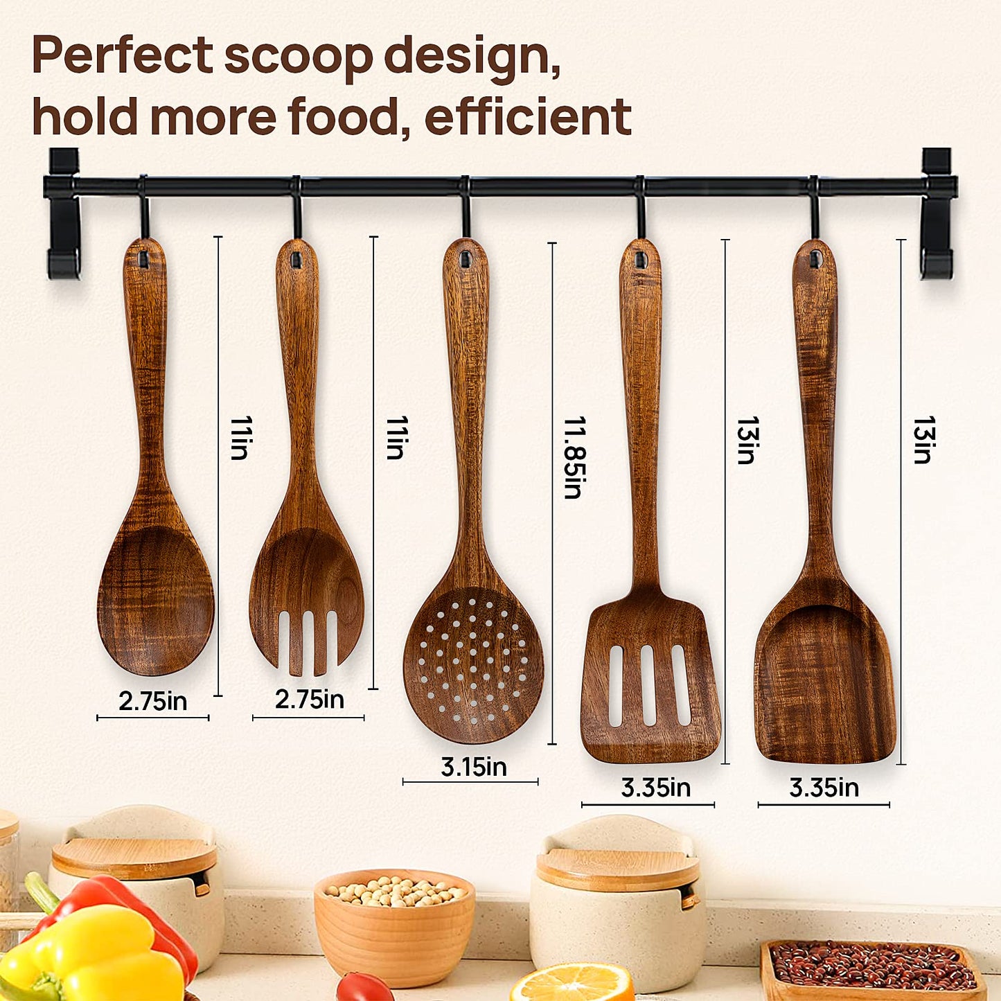 TANAAB Kitchen Wooden Spoons Utensils Set for Cooking, 5 Piece Acacia Wood Spoon Cooking Utensils Apartment Essentials Wooden Turner Spoon Spatula Kitchen Set for Nonstick Cookware (5-pieces-set)