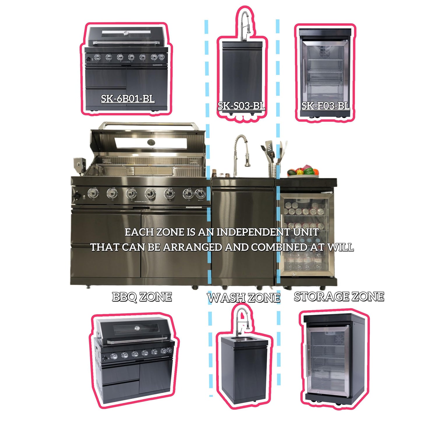 43IN 6-Burner Gas Outdoor Kitchen Island Grill with 85000 BTU Output, Rotisserie Kit, Stainless Steel Sink, Granite Countertops, Modular BBQ Wash Storage Zones, Refrigerator and Double Grill (Black)