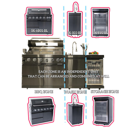 43IN 6-Burner Gas Outdoor Kitchen Island Grill with 85000 BTU Output, Rotisserie Kit, Stainless Steel Sink, Granite Countertops, Modular BBQ Wash Storage Zones, Refrigerator and Double Grill (Black)