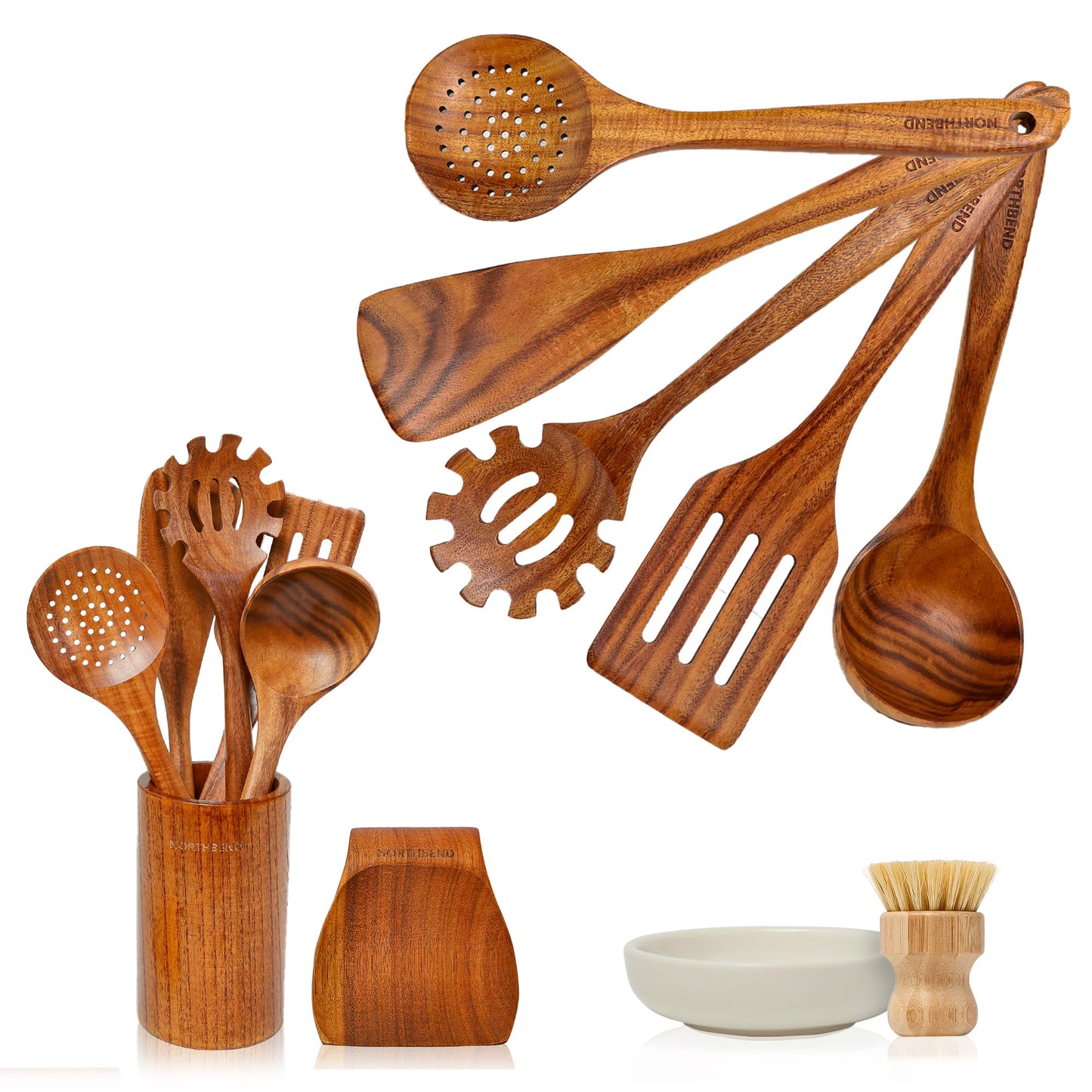 Wooden Kitchen Utensil Set - Teak Wood Cooking Utensil Sets Include Wooden Utensil Holder, Wooden Spatula, Spaghetti Spoon, Cleaning Brush & More - Durable Heat Resistant Wood Utensils Set for Cooking