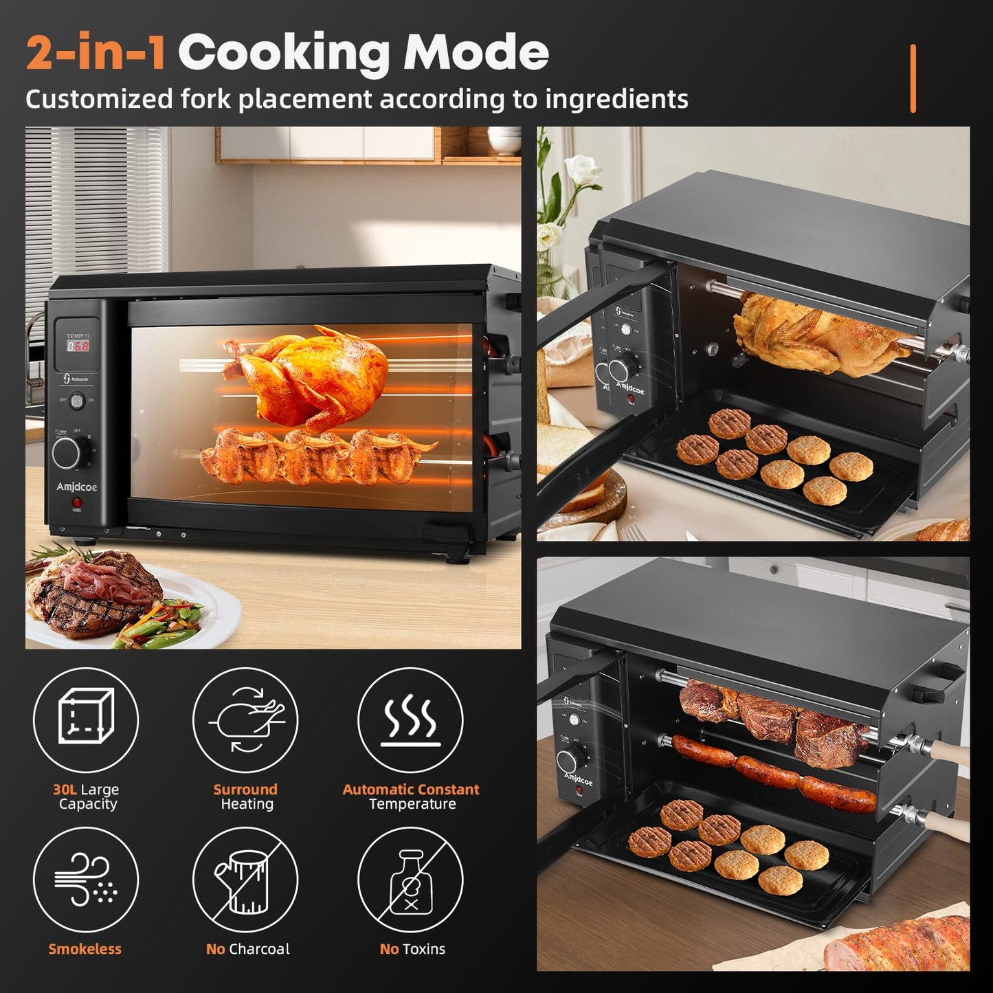 Electric Rotisserie Grill Indoor with Auto-Rotating Skewers, 31 QT Smoke-Free Rotisserie Oven with Timer for Brazilian Picanha BBQ, Churrasco, Black