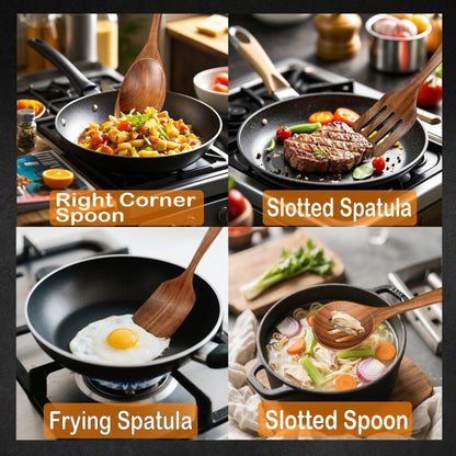 Wooden Spoons for Cooking, Teak Spatulas for Kitchen Use -Wooden Cooking Utensils Set of 4 for Nonstick Pans & Cookware – Sturdy& Heat Resistant, Includes Solid/Slotted Spatulas and Spoons