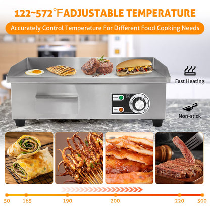 WICHEMI Commercial Electric Griddle 22" 3000W Flat Top Grill Countertop Griddle Stainless Steel Teppanyaki Grill w/Iron Cooking Plate for Restaurant Kitchen, 110V