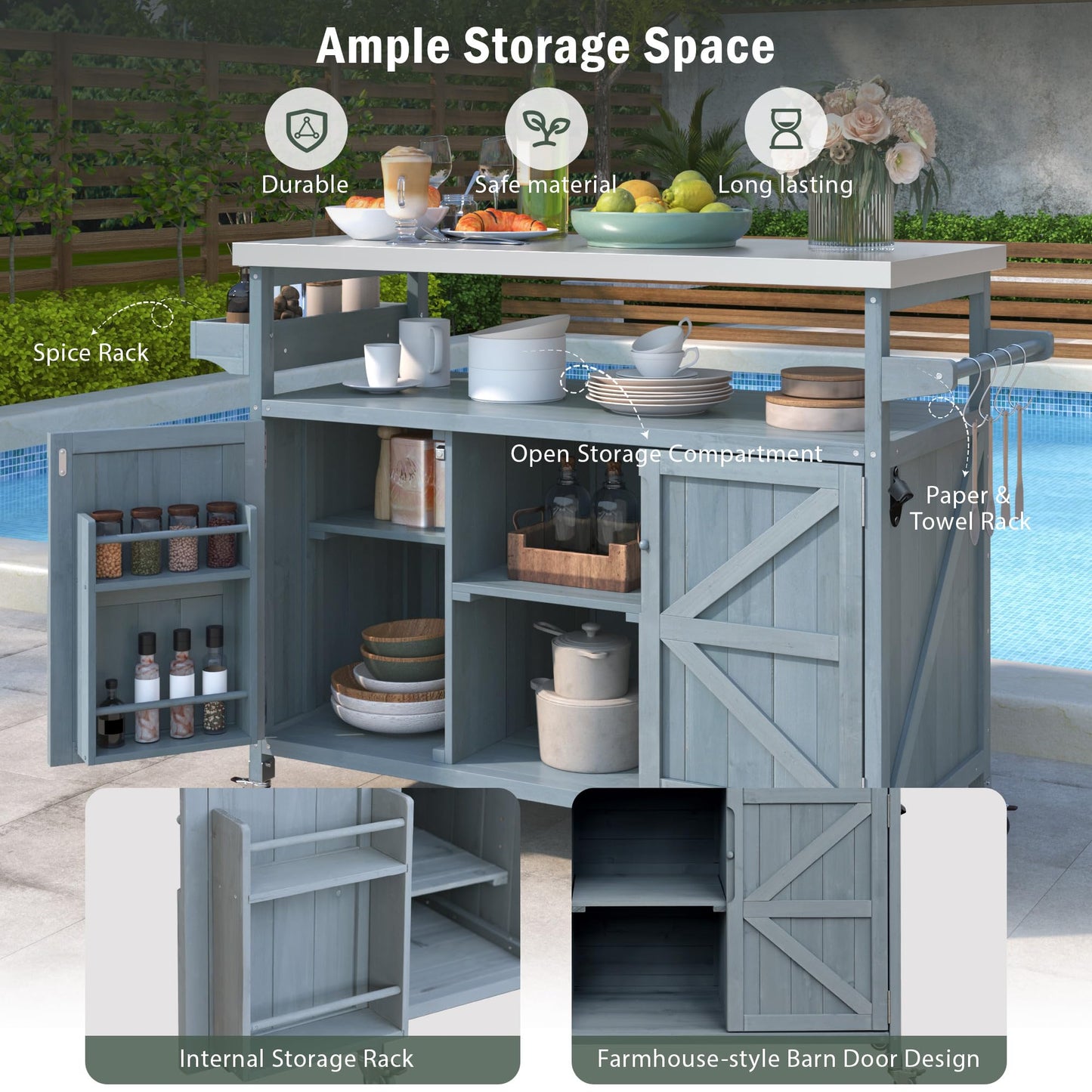 LZ LEISURE ZONE Outdoor Kitchen Island, Farmhouse Rolling Mobile Kitchen Island with Storage, Solid Wood Outdoor Grill Cart Table with Stainless Steel Top for Kitchen/Barbecue, Grey Blue