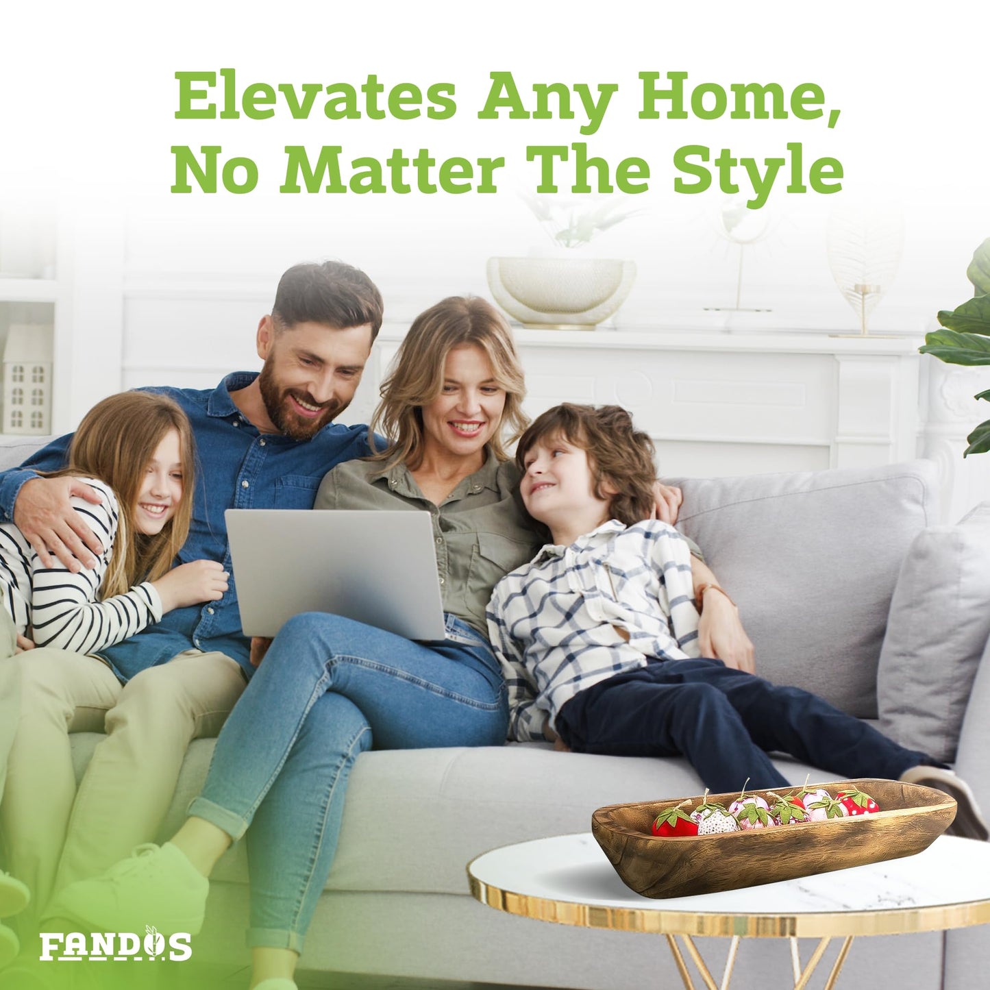 FANDOS Wooden Dough Bowl for Decor - 17¾ in Long Hand Carved Paulownia, Large Rustic Decorative Bowl for Home Table Centerpiece, Keys, Entryway Table, Catchall Tray & Wooden Dining Room Centerpiece