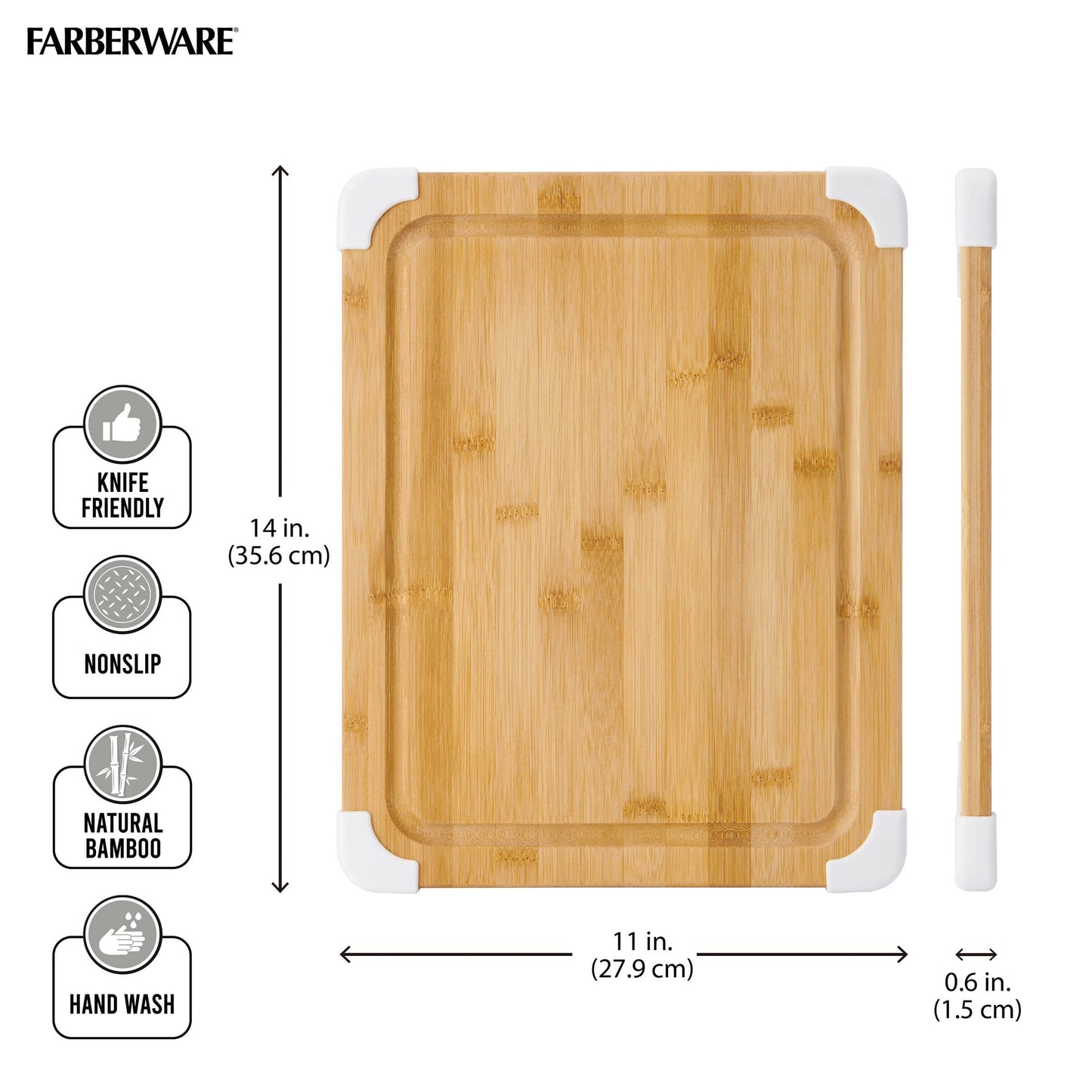 Farberware Nonslip Bamboo Cutting Board with Juice Groove, 11x14 Inch, White