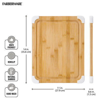 Farberware Nonslip Bamboo Cutting Board with Juice Groove, 11x14 Inch, White