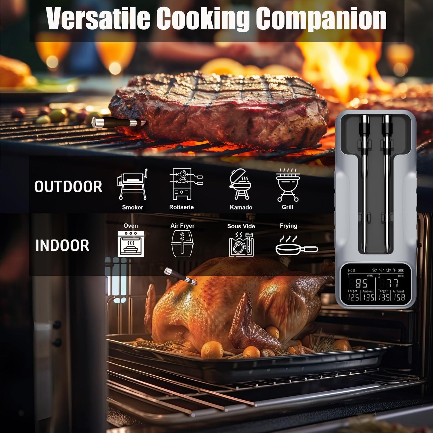 Dual-Probe Wireless Meat Thermometer for Grilling, Smoking, BBQ - Bluetooth Enabled Smart Grill Thermometer with 2 Probes, Digital Food Thermometer, 800ft Long Range,Cooking Thermometer for BBQ/Grill