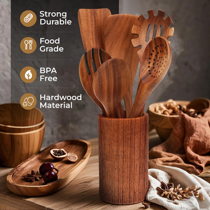 AIUHI 9pcs Wooden Spoons for Cooking, Wooden Kitchen Utensils, Teak Wood Spatulas Utensils set