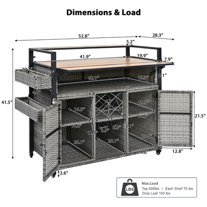 52.8" Wicker Outdoor Grill Cart with Extended Plastic Wood Table Top, Rolling Kitchen Island Cart with Storage Cabinet for Patio Backyard Garden Poolside, Rattan Bar Table with Double Handle, Gray