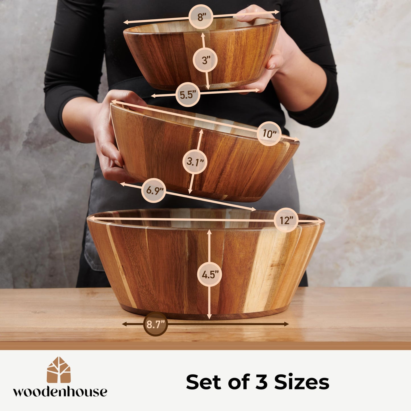 Wooden Bowls, Wooden Salad Bowl Set of 3 - Round Design Large Salad Bowl Set for Serving, Handmade, Durable and Stylish Natural Wood Dining Accessory by Woodenhouse