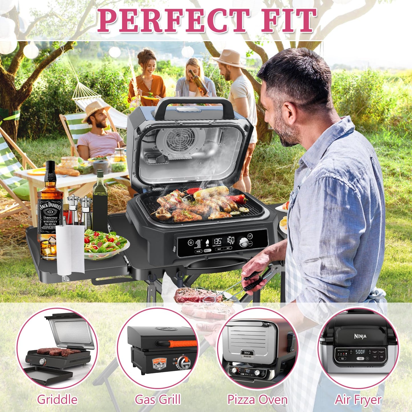 Portable Grill Cart for Ninja Woodfire OG700 OG800 OG900, Blackstone Griddle, for Weber Q100 Q200 Q300, Pizza Oven, Collapsible Grill Stand for Most Portable Grills, Large Surface Grill Trolley