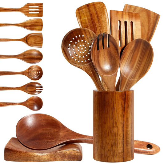 Wooden Spoons for Cooking, MASSUGAR 9-Piece Natural Teak Wooden Kitchen Utensil Set Comfort Grip Cooking Spoons and Utensils Holder