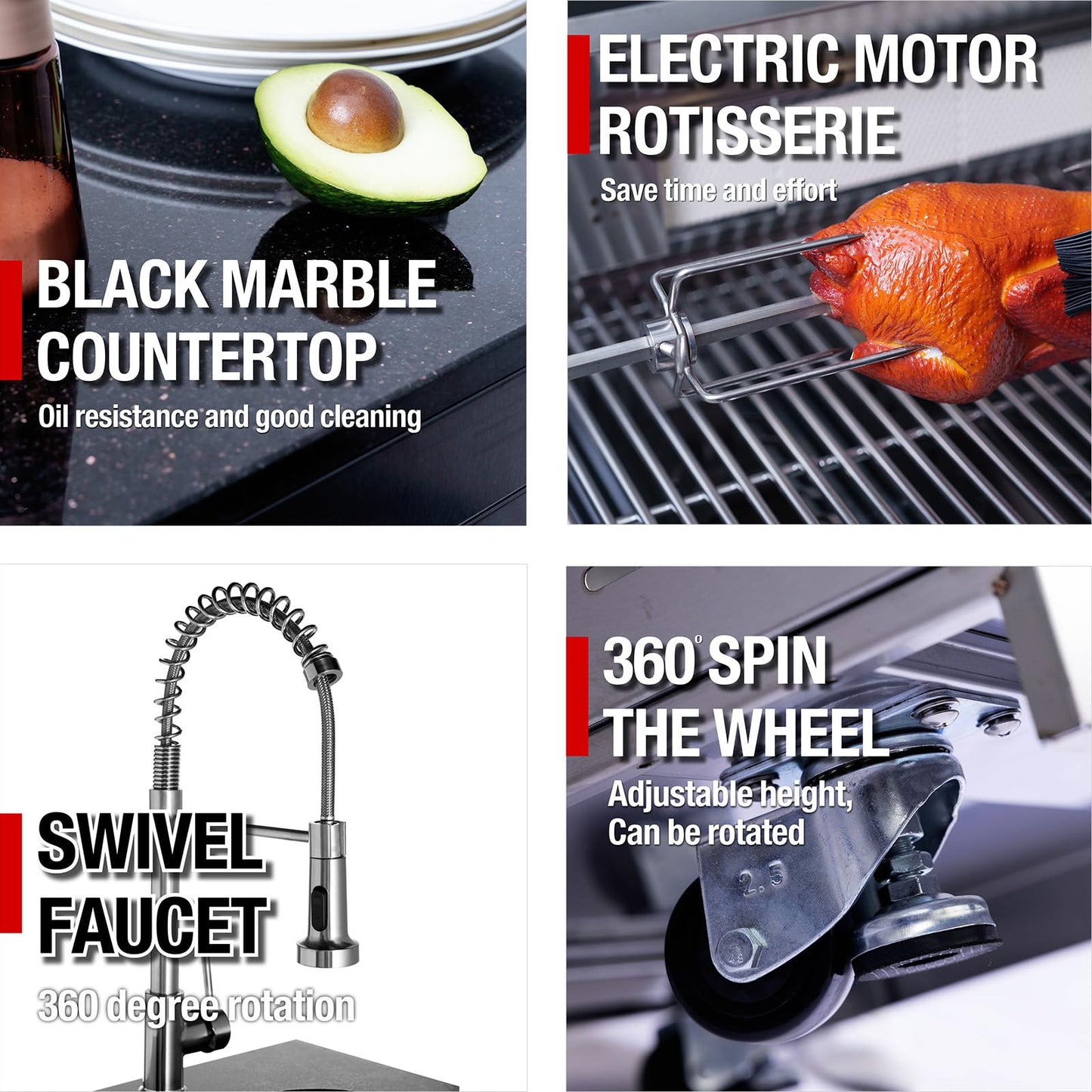 6-Burner 85000 BTU Stainless Steel Gas Outdoor Kitchen Bar Barbecue Modular Island Grill with Wine Cooler Compact Refrigerator + Rotisserie Kit + Granite Countertops + Storage Cabinets & Drawers