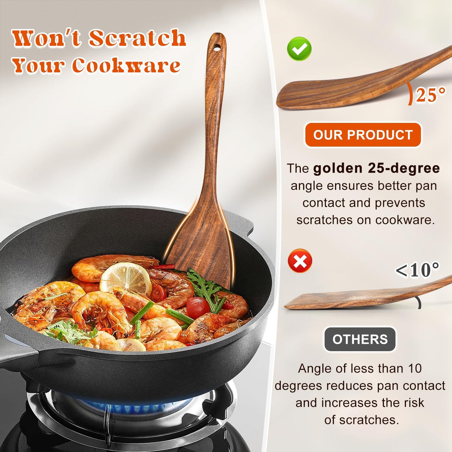 Wooden Spatula for Cooking, Acacia Wood Flat Frying Spatulas, Long Handle Spatula Turner for Non Stick Pans, Non-Scratch, Wooden Kitchen Utensils for Cooking, Frying, Baking